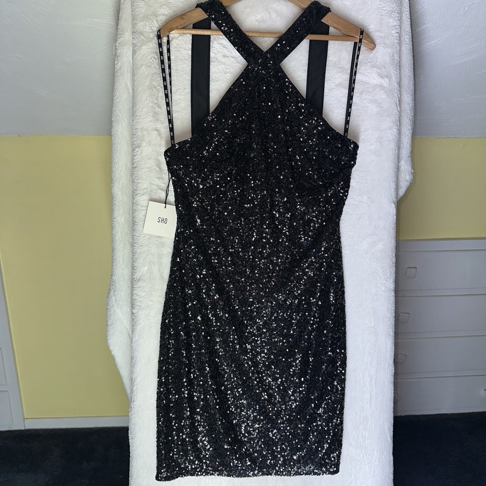 NEW Sho Tadashi Shoji Sequin Halter Mini Dress Black L Cocktail Party Whimsigoth - Picture 2 of 10
